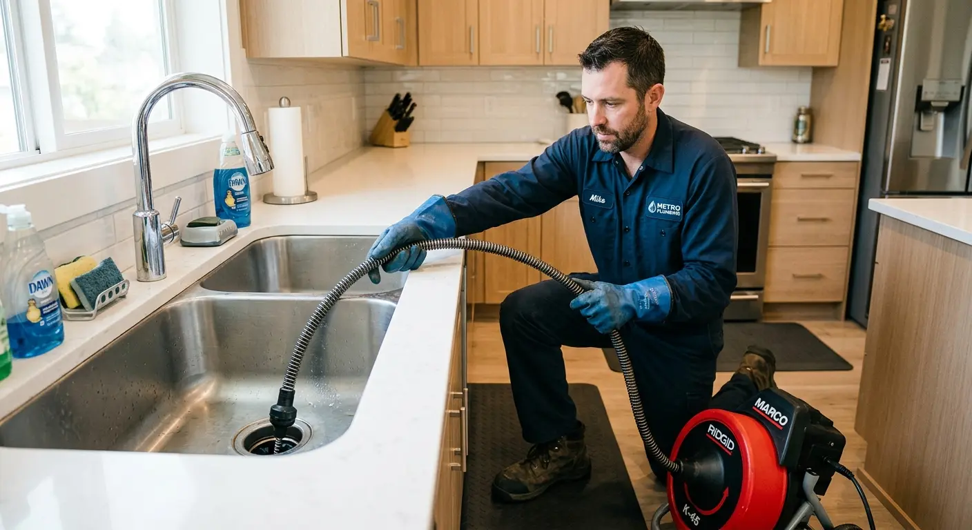 Drain cleaning technician using a motorized snake on a kitchen sink in Rosedale