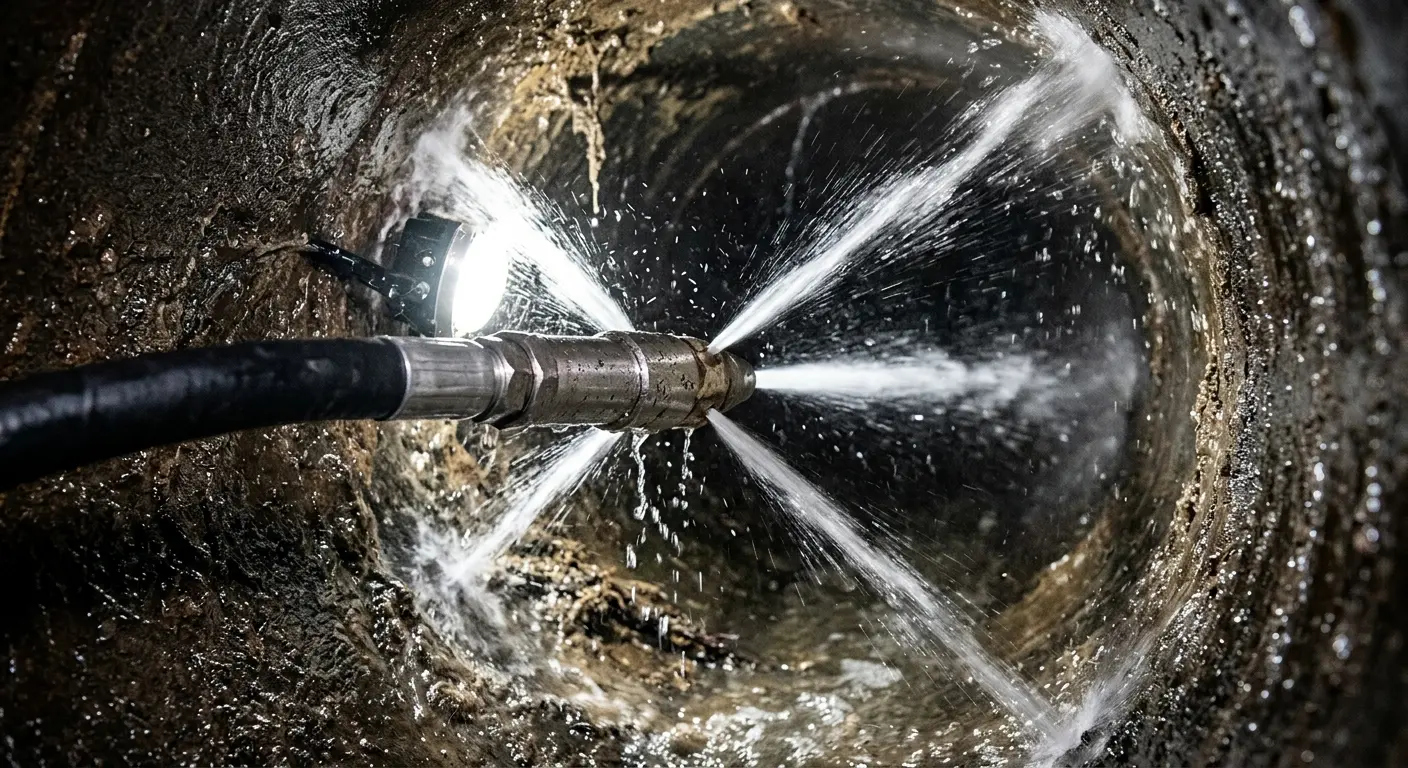 High-pressure hydro jetting nozzle cleaning sewer pipe for Sewer Cleanout in Rosedale
